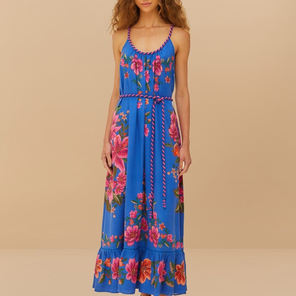 NWT— Farm Rio—Blue Summer Fruit Scarf Lenzing™ Ecovero™ Euroflax™ Maxi Dress